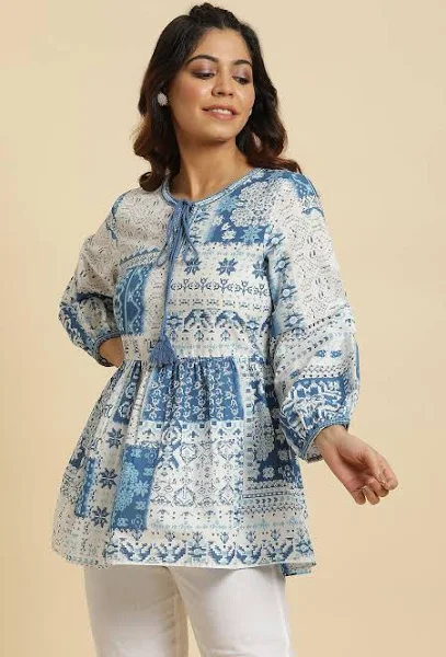 W for Woman Ecru & Blue Geometric Cotton Top Casual Three-Quarter Sleeve